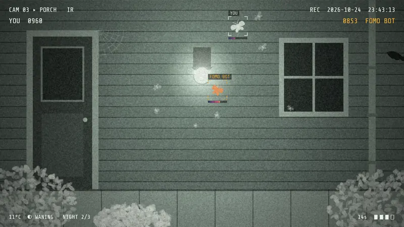 Infrared still: two moths near the lamp, one glowing hot