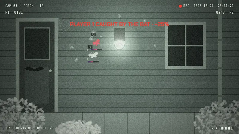 Infrared still: a bat swoops past two moths